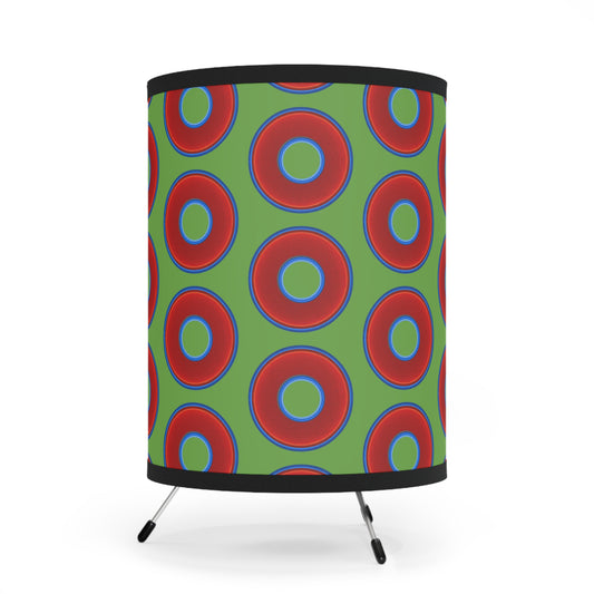 Lumpy Tripod Donut Lamp - vivid red donuts w/light green background
