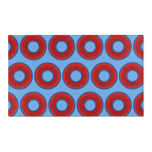 Lumpy Donut Print Rug - choice of 3 sizes - vivid red donut print w/light blue background