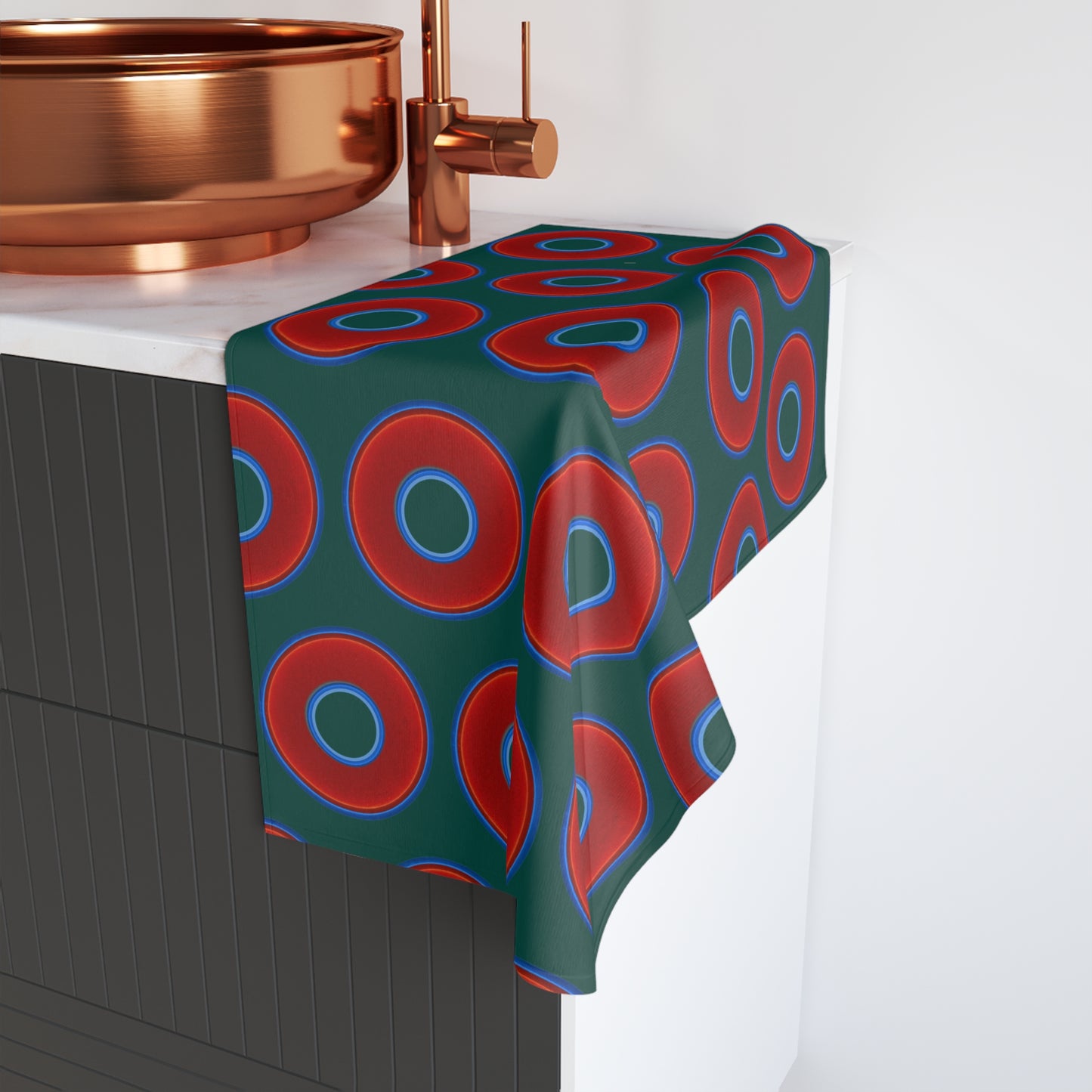 Lumpy Kitchen/Hand Towels - vivid red donuts w/dark Fenway green background