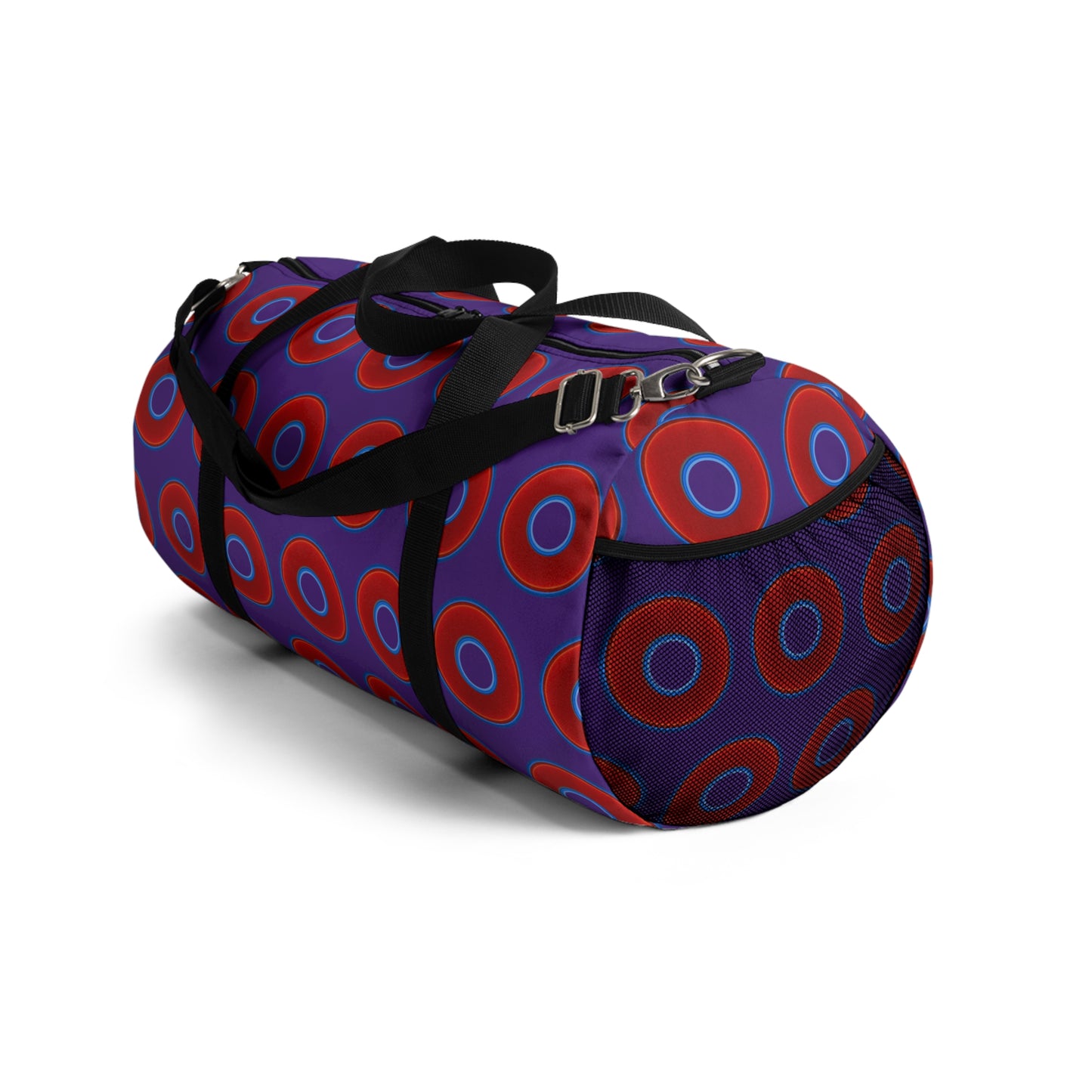 Lumpy Duffel - vivid red donuts w/dark purple background