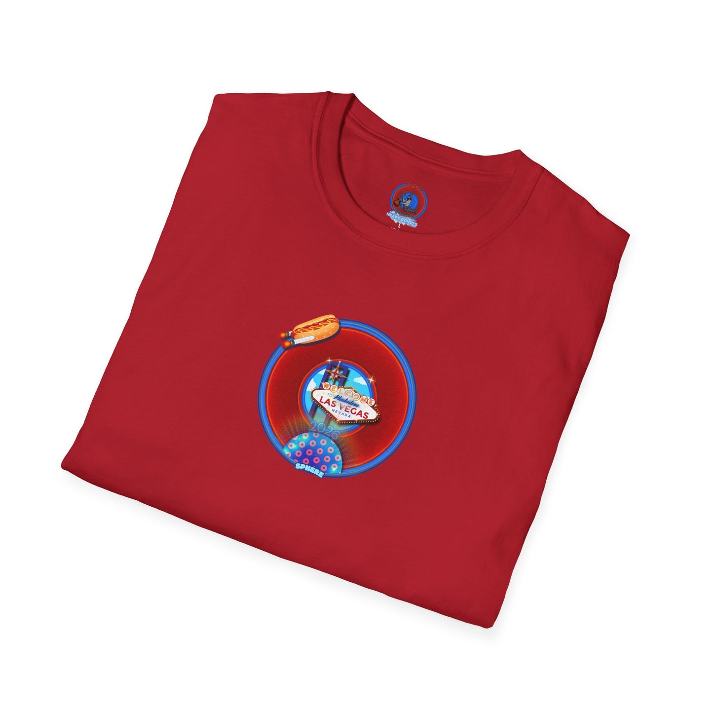 Classic Donut Tee - Unisex Soft-Style - "Viva Las Vegas Donut" - vivid red donut w/raw dogger - variant 4