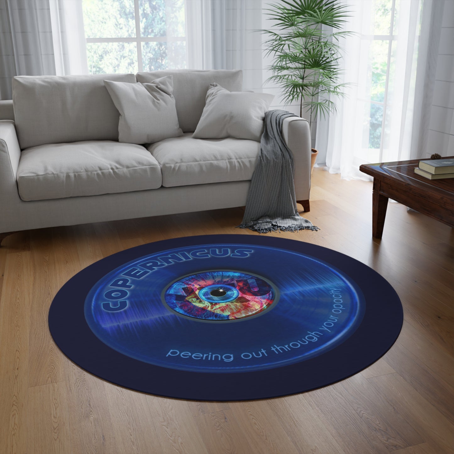 Round Room - 5 ft x 5 ft Lumpy Donut Rug - "Drunken Copernicus Donut Rug" -vivid blue record donut w/dark navy background - variant 1