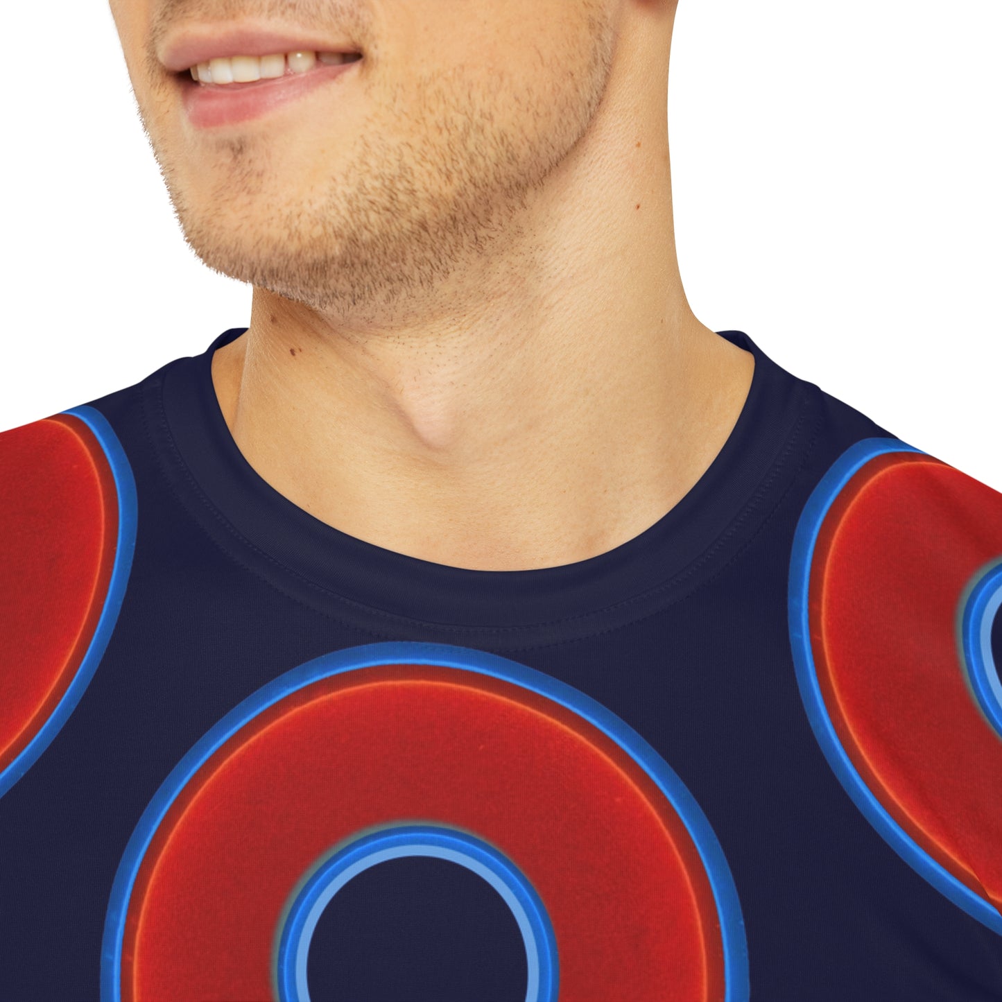 Multi-Beastie Giant Donut AOP Polyester Tee - red vivid donut print w/midnight blue background