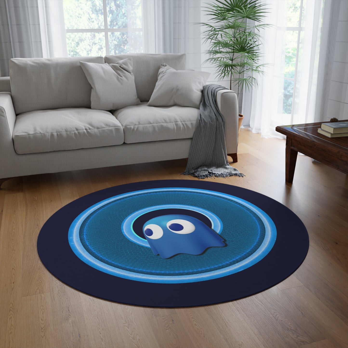 Round Room - 5 ft x 5 ft Lumpy Donut Rug - "The Story of the Ghostly Donut Rug" - rustic blue/light blue donut w/dark navy background - variant 2