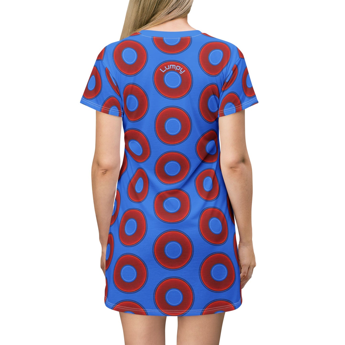 Not a Muumuu AOP Tee Shirt Dress - red vivid donuts w/light royal blue background