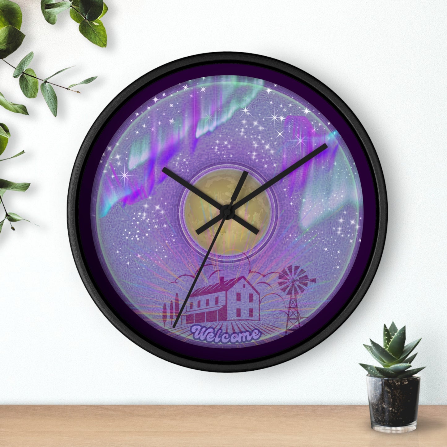 Lumpy Wall Clock - "Welcome, This is your Donut Clock" - variant 1 - vivid purple donut w/midnight purple background