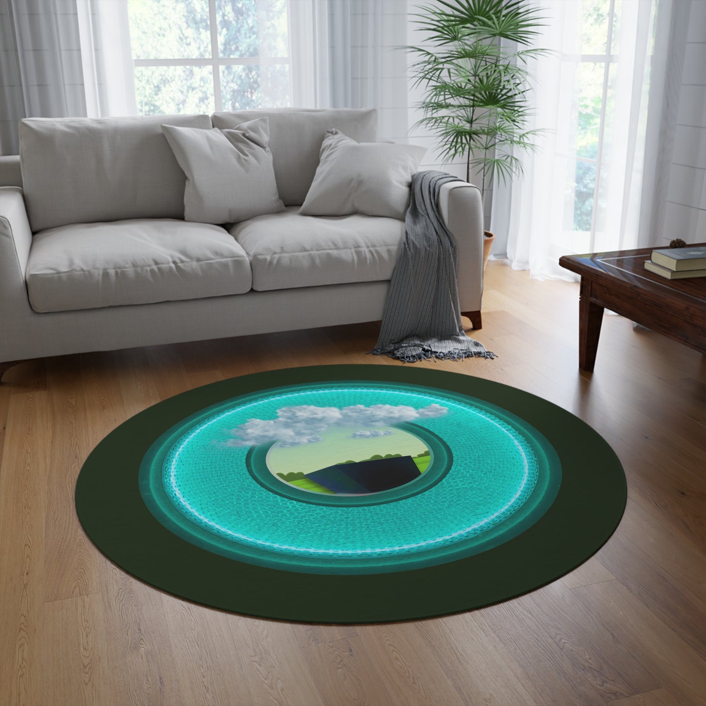Round Room - 5 ft x 5 ft Lumpy Donut Rug - "Got Rhombus Rug?" - rustic turquoise/teal donut w/deep forest green background - variant 5