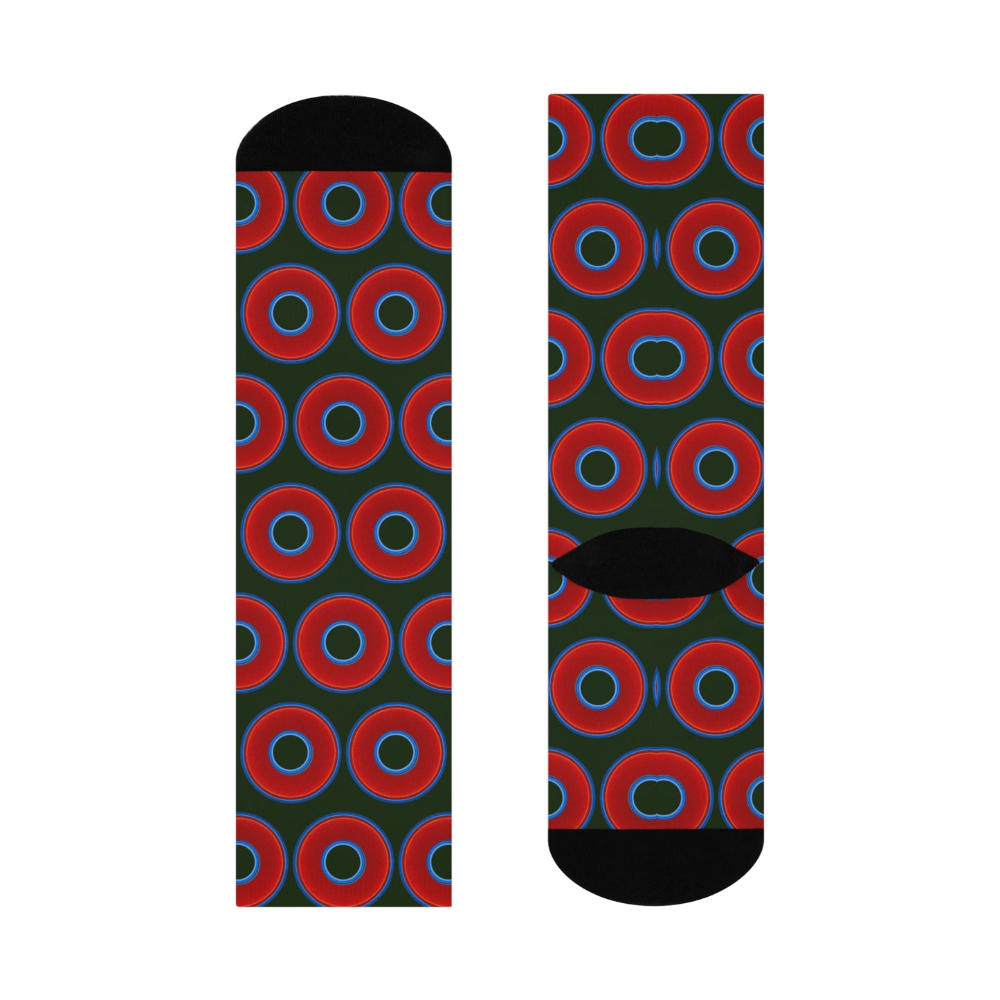 Lumpy Sox - cushioned crew - vivid red donut print w/deep forest green background
