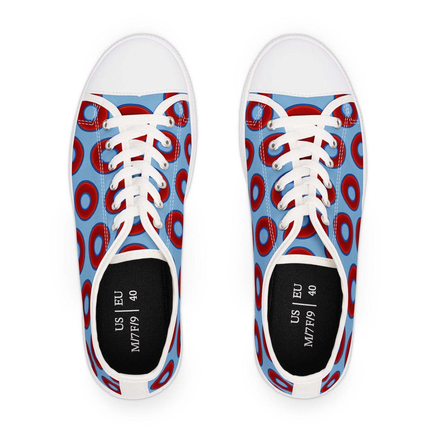 Women's - Low Top Chuck Taylors - large vivid red donut print w/sky blue background
