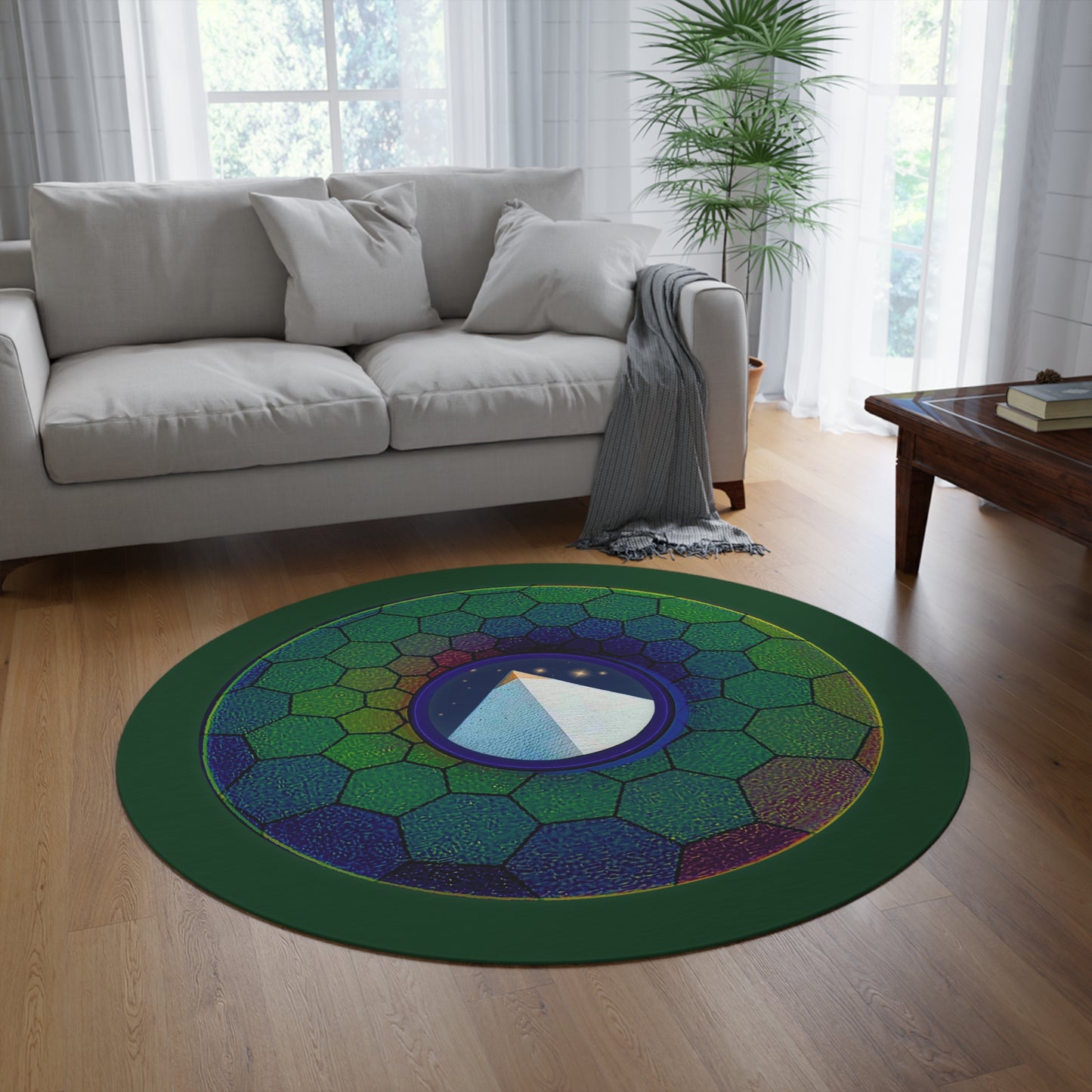 Round Room - 5 ft x 5 ft Lumpy Donut Rug - "Limestone Donut Rug so Large" - green hexadonut w/deep pond green - variant 7