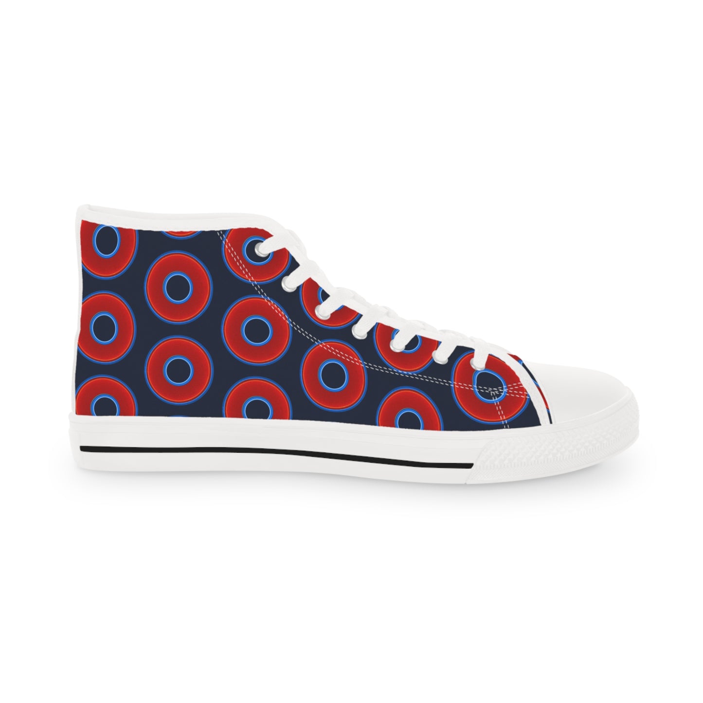 Men's High Top Chucks - large vivid red donut print w/midnight teal blue background