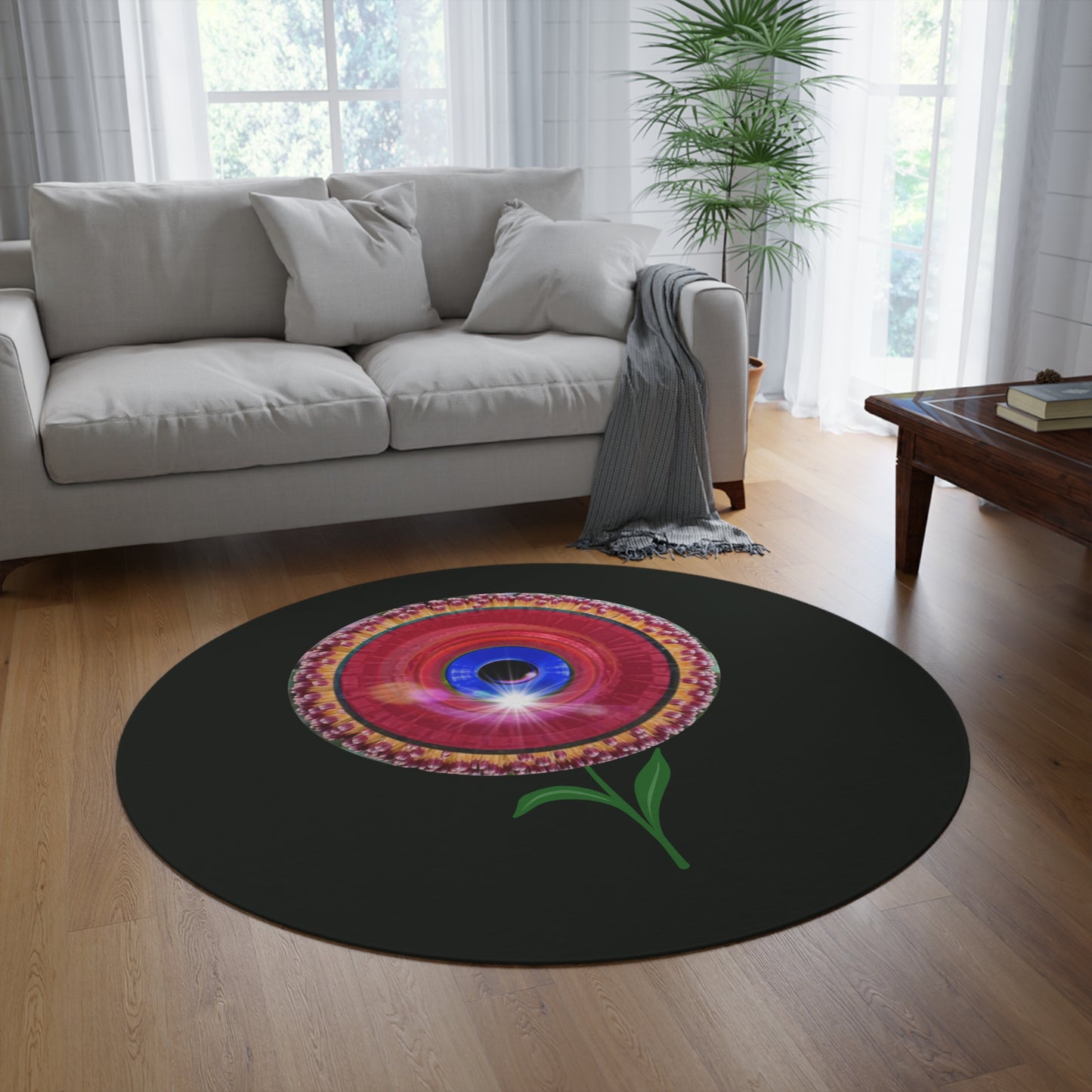 Round Room - 5 ft x 5 ft Lumpy Donut Rug - "Smell The Donuts Inside On My Rug" - red flour donut w/midnight moss green background - variant 1