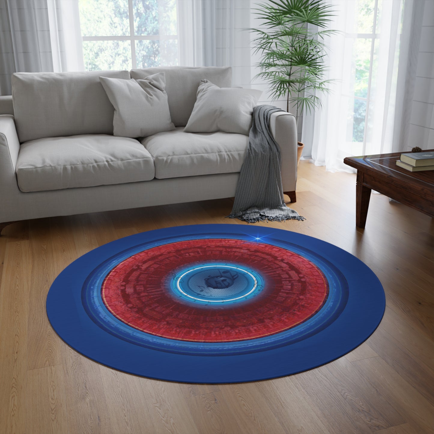 Round Room - 5 ft x 5 ft Lumpy Donut Rug - "Homer's The Perfect Donut Rug" - vivid red/blue tube donut w/dark blue background - variant 2