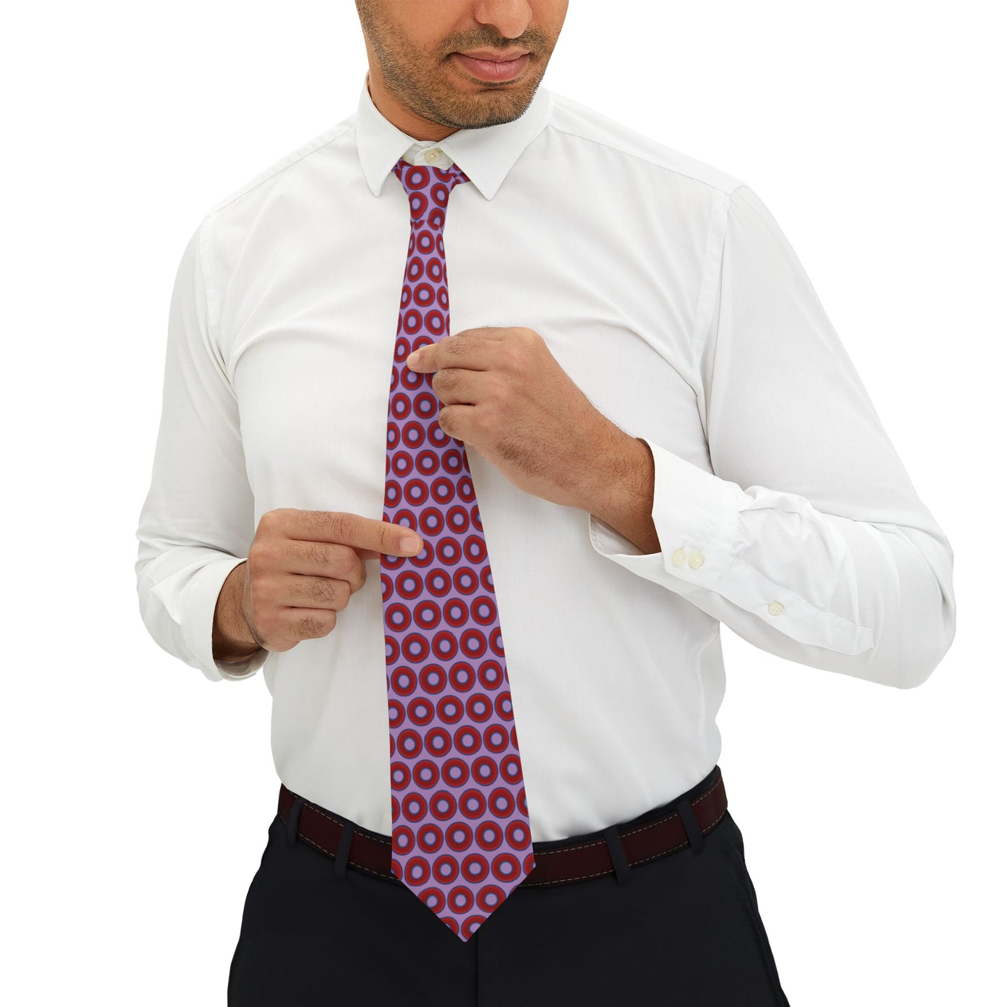 The Lumpy Necktie - vivid red donut print w/wisteria purple background