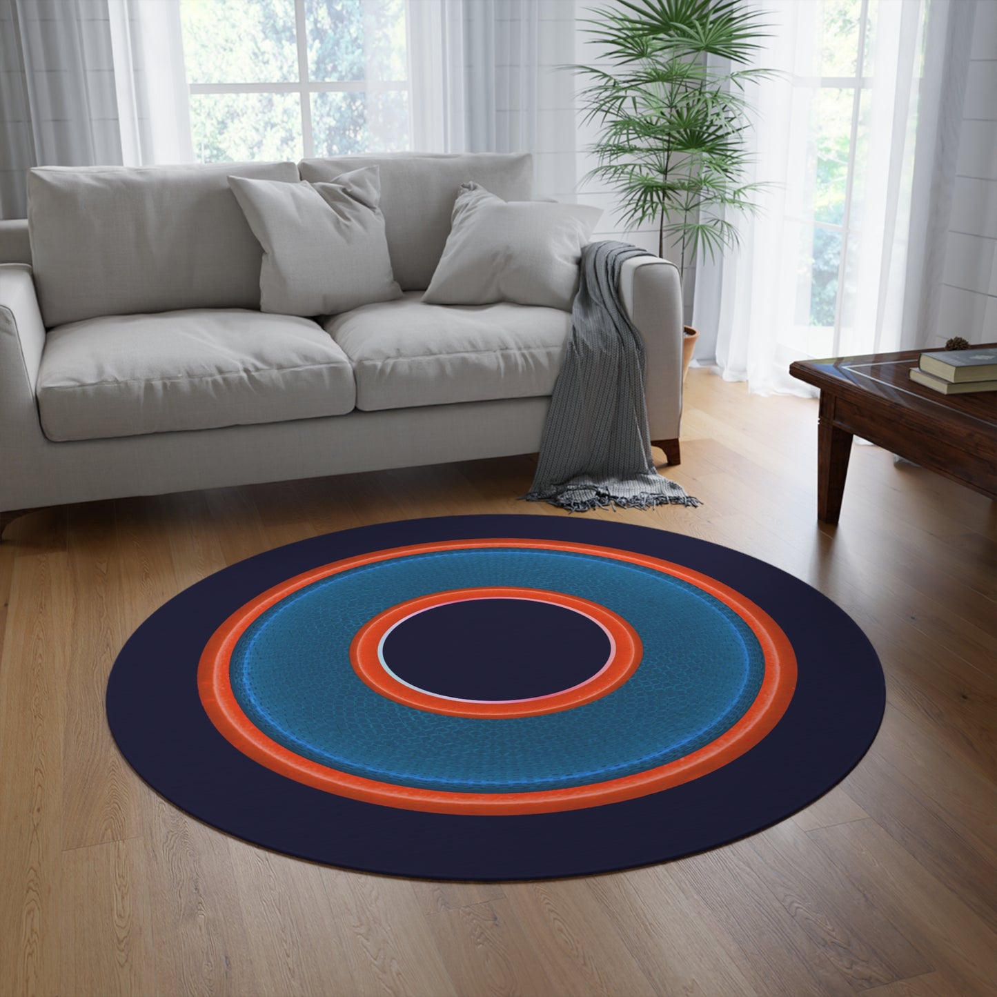 Round Room - 5 ft x 5 ft Lumpy Donut Rug - "Plain Donut" - rustic blue/light red donut w/navy background
