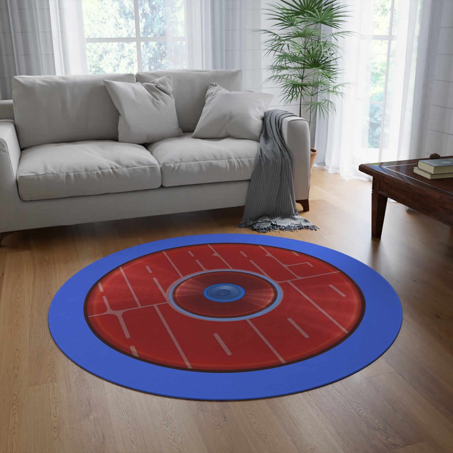 Round Room - 5 ft x 5 ft Lumpy Donut Rug - "Harry's Hoodlum Donut Rug" - vivid red word donut w/royal blue background - variant 4