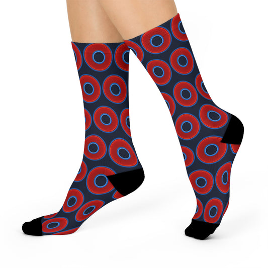 Lumpy Sox - cushioned crew - vivid red donut print w/dark teal blue elite background