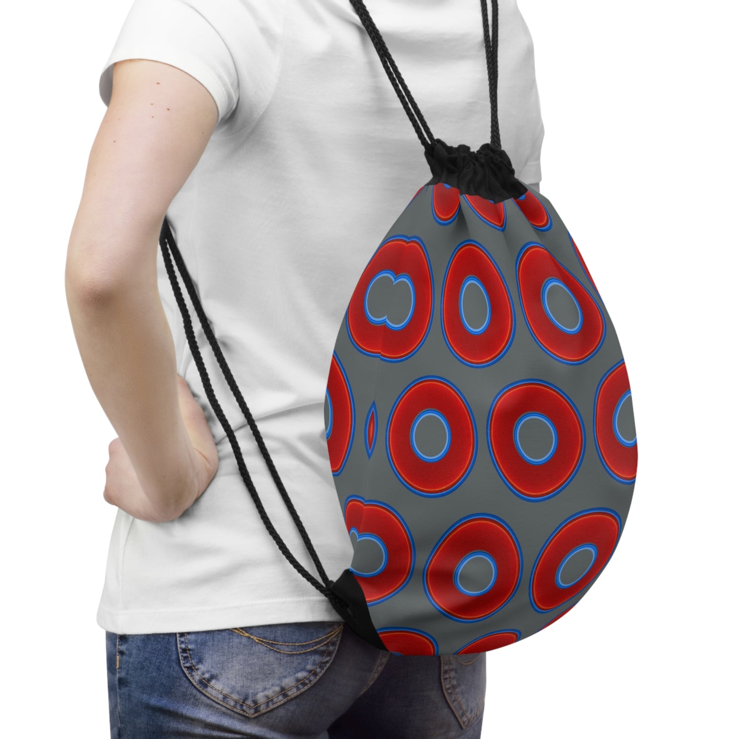 Lumpy Donut Drawstring Bag - red vivid donuts print w/dark gray background