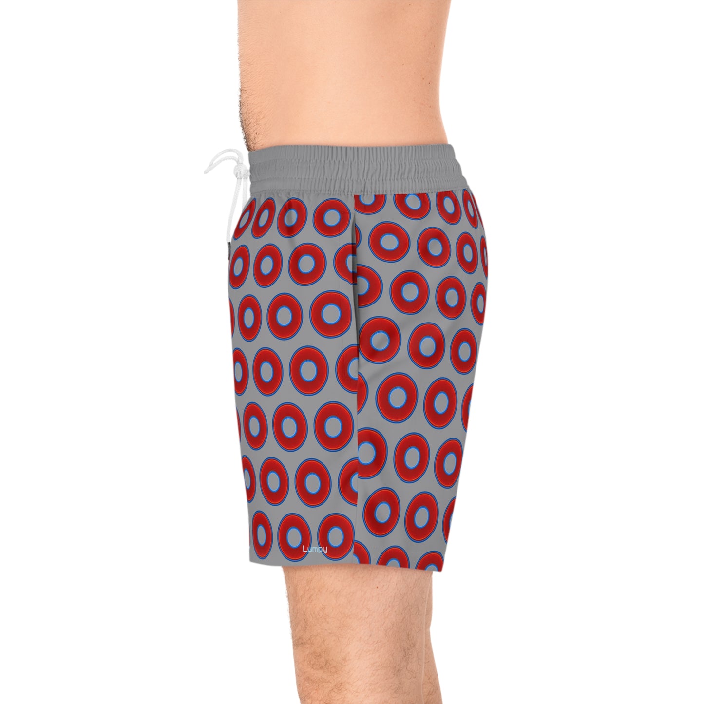 Men's Lumpy Swim Trunks - vivid red donut print w/gray background