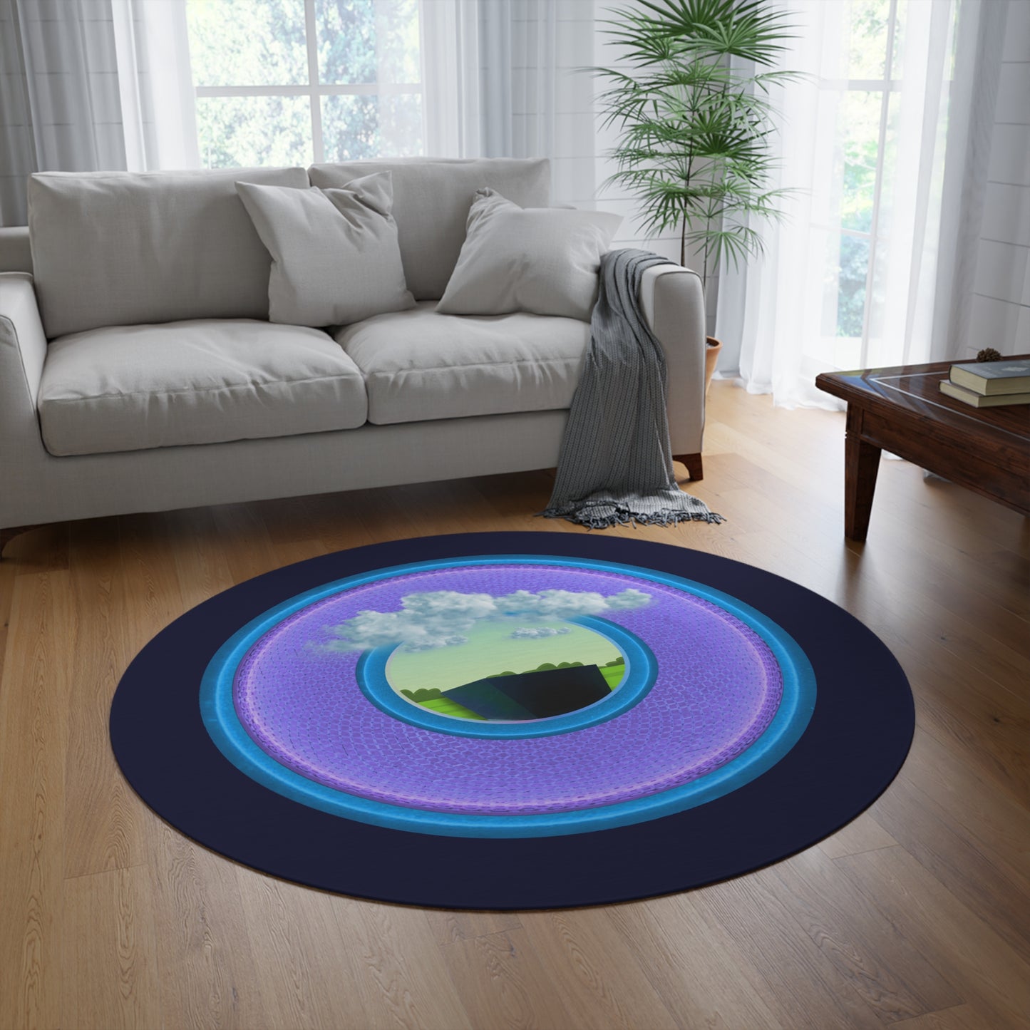 Round Room - 5 ft x 5 ft Lumpy Donut Rug - "Got Rhombus Rug?" - rustic purple/blue donut w/dark navy background - variant 2