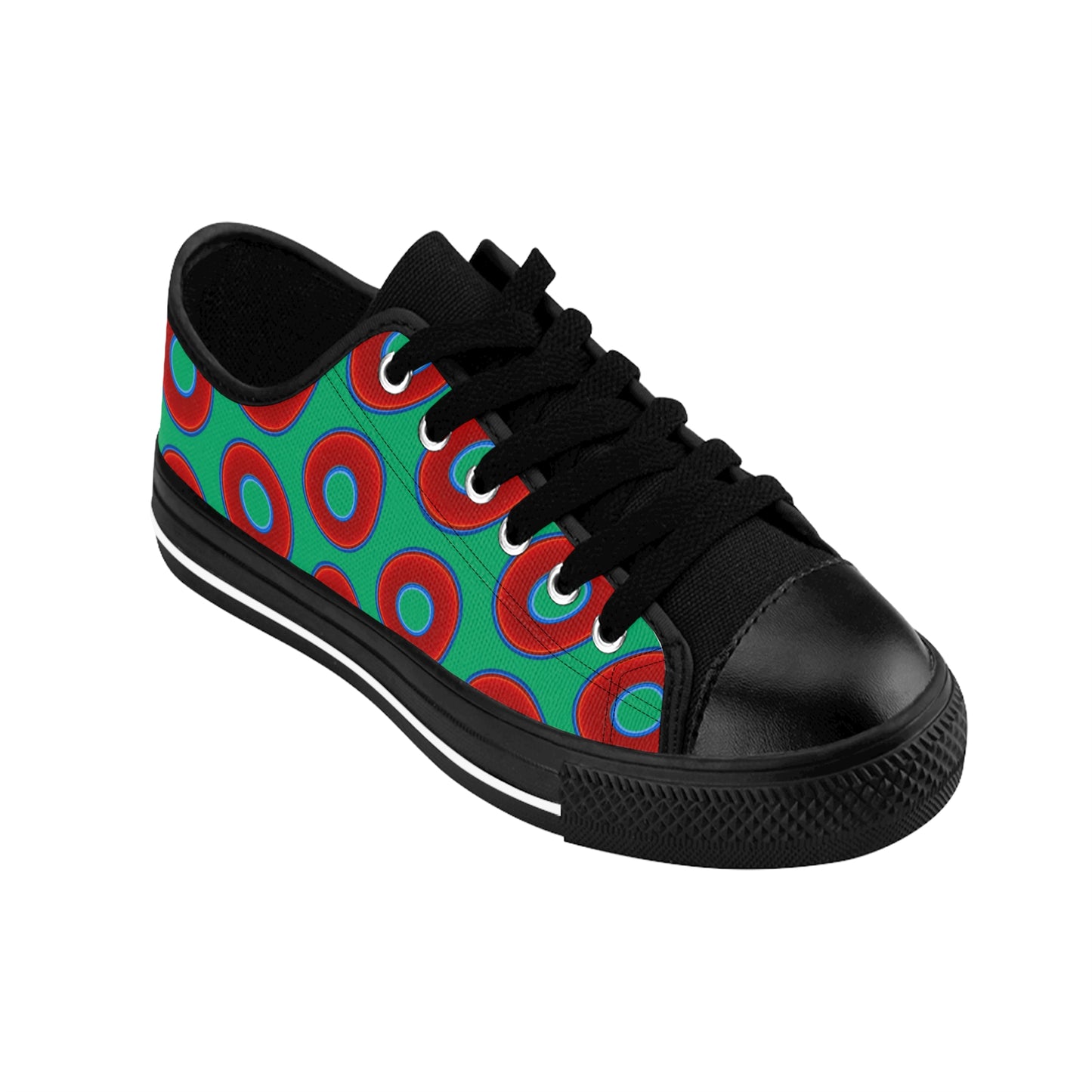 Women's Cushiony Convectors - Low Top - large red vivid donut print w/jade green background