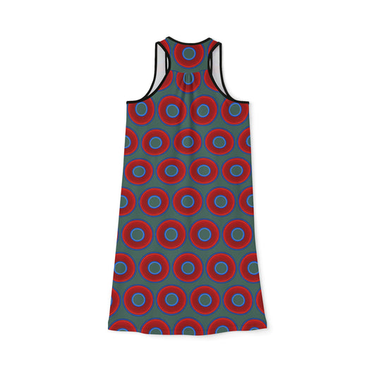 Tela's Lumpy Racerback Donut Dress - red vivid donut print w/Fenway green background