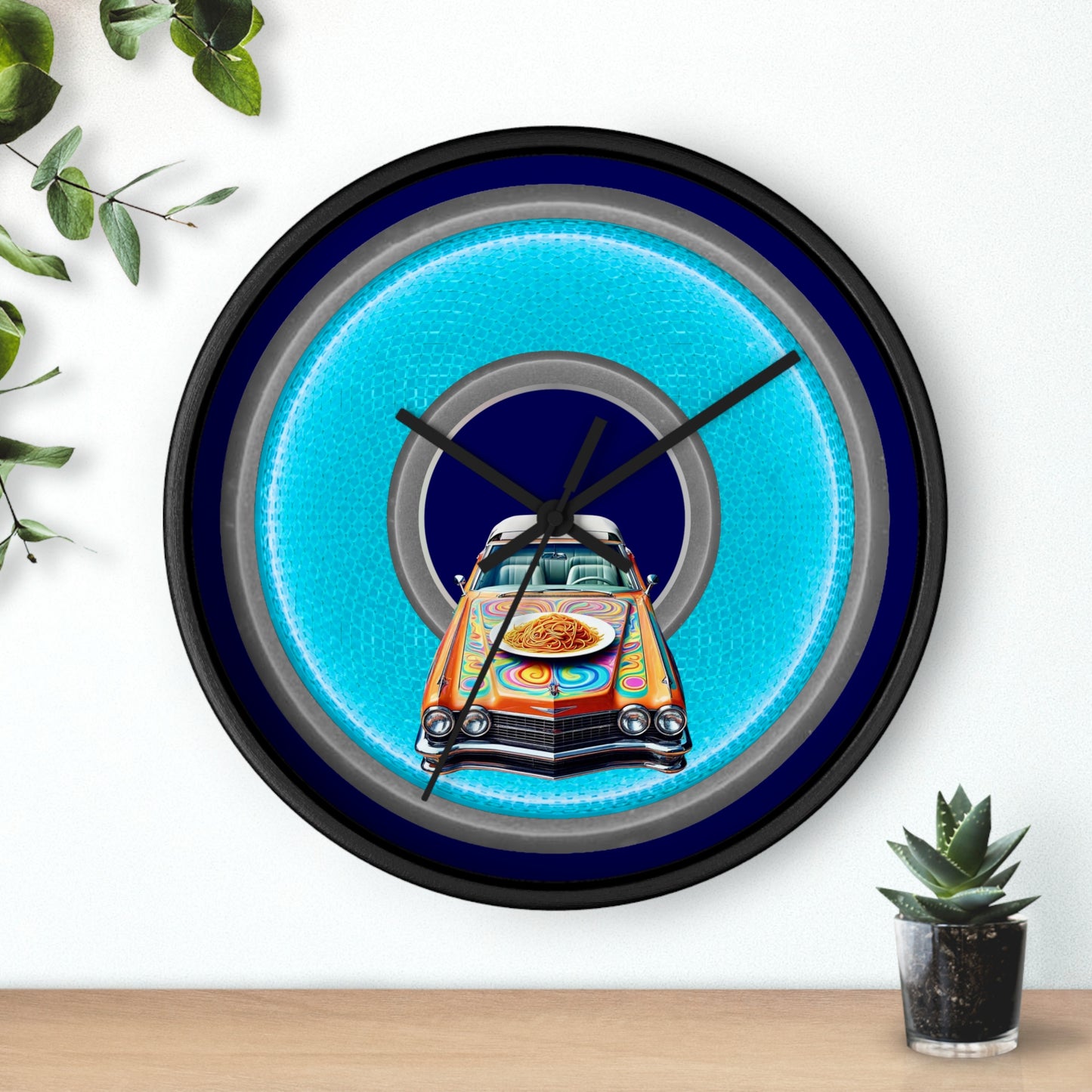 Lumpy Wall Clock - "Cadillac Rainbows & Eating on the Run" - variant 2 - rustic light blue/gray donut w/navy blue background