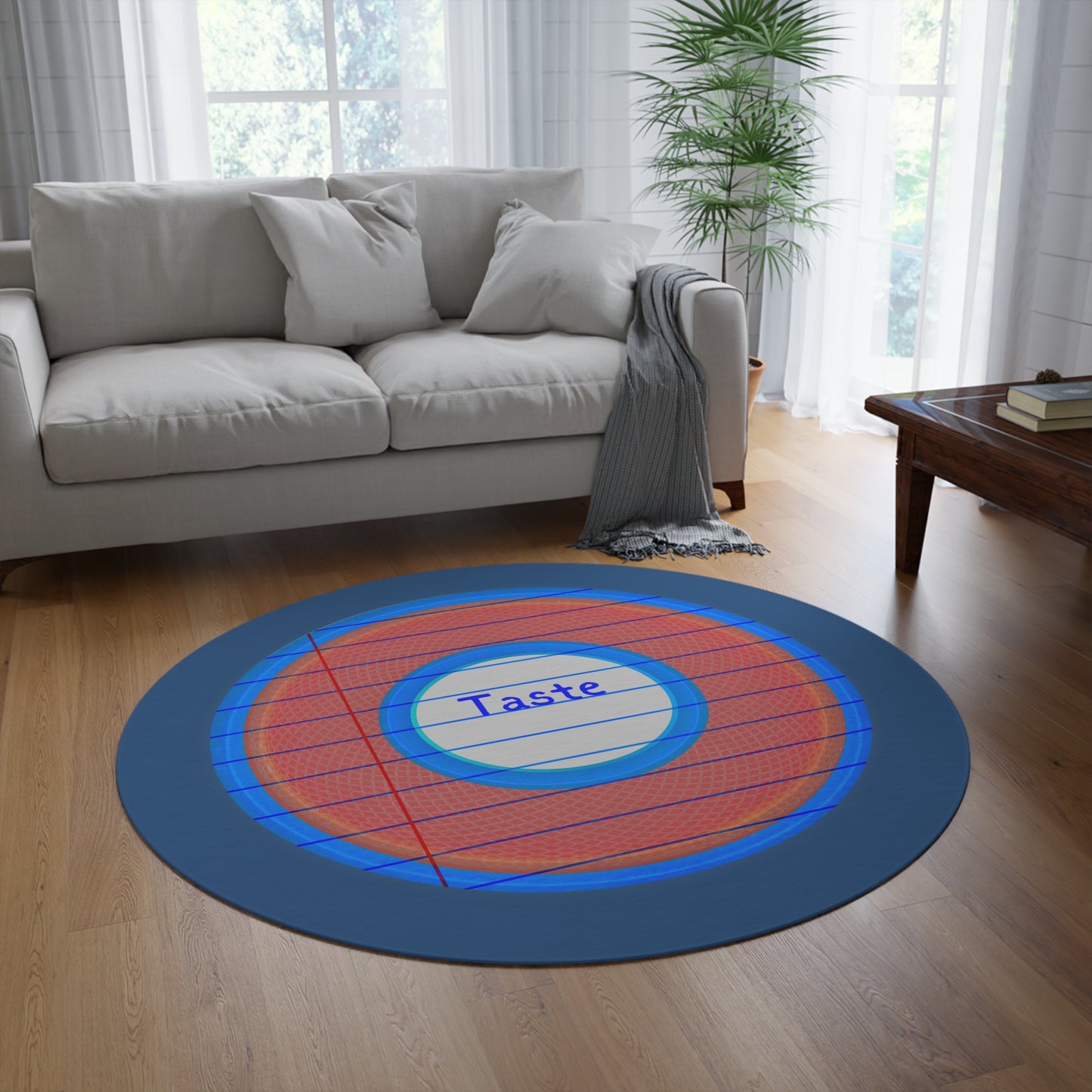 Round Room - 5 ft x 5 ft Lumpy Donut Rug - "Tasty Donut Carpet" - rustic red/blue lined donut w/light navy background - variant 1