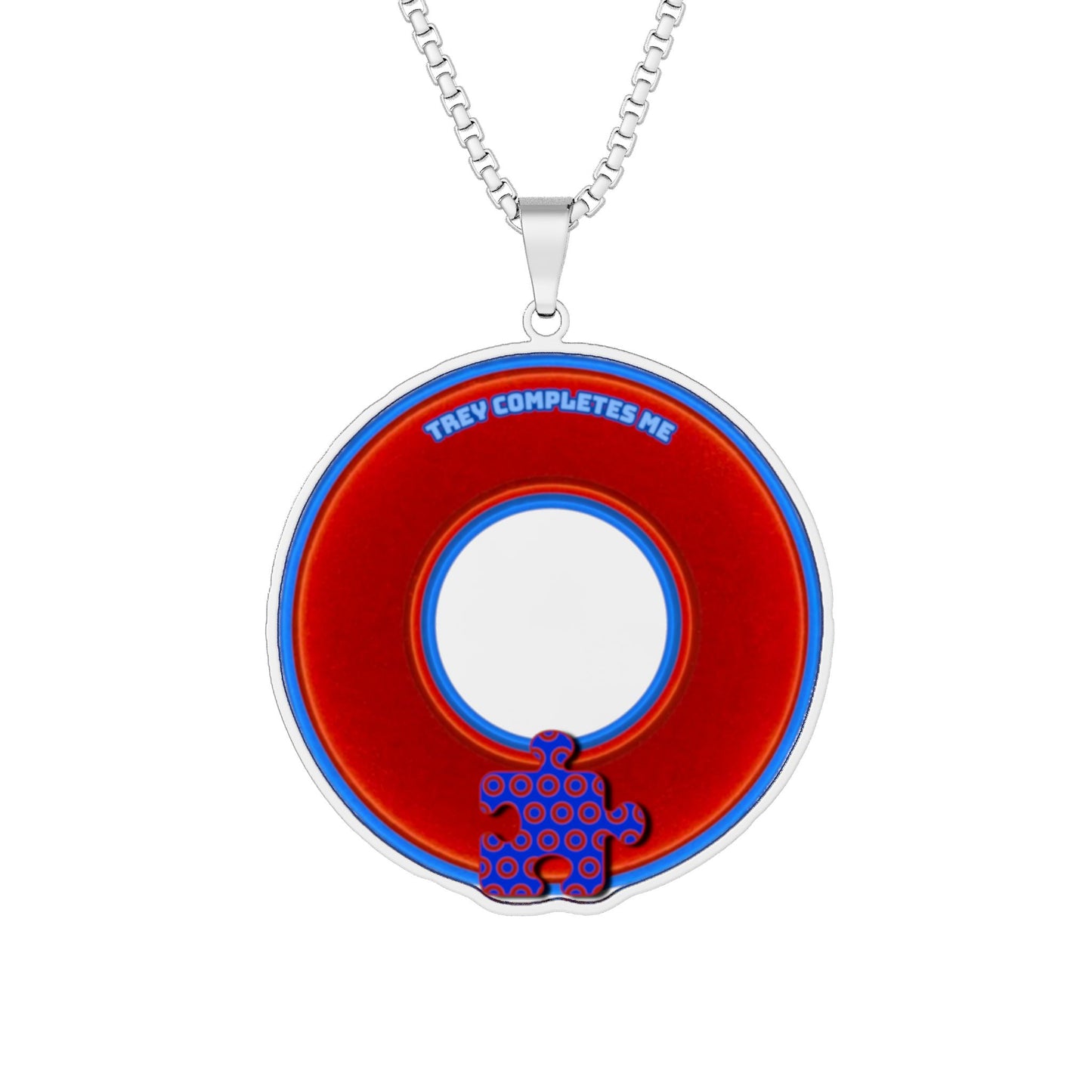 Lump's Heady Donut Necklace - 1" x 1" Stainless Steel Pendant - "Trey's Complete Donut Pendant" - vivid red/blue donut w/puzzle piece