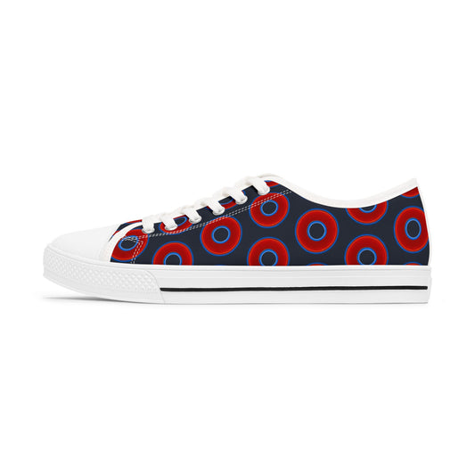 Women's - Low Top Chuck Taylors - large vivid red donut print w/dark teal elite background