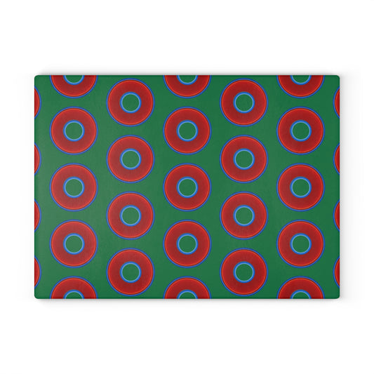 My Friend's Cutting Board - vivid red donuts w/green background