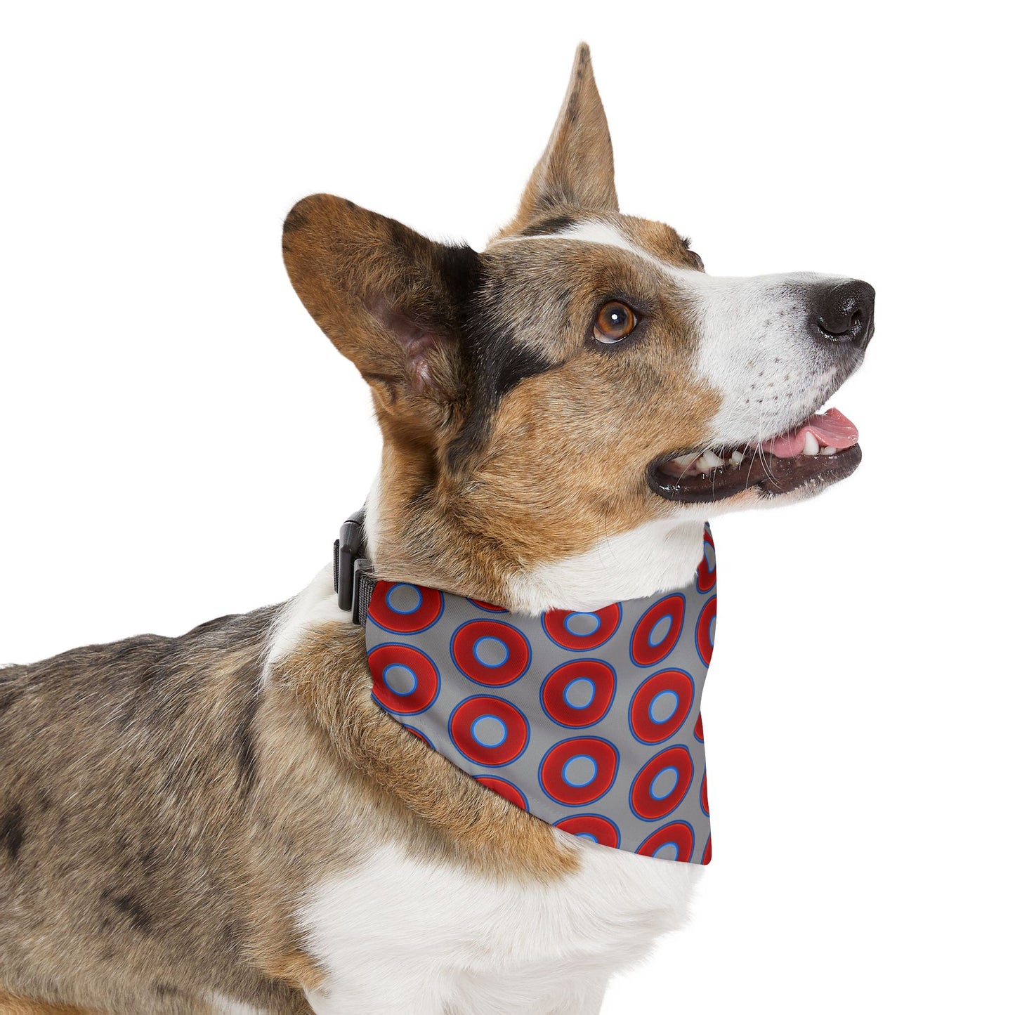 Jim's Lumpy Bandana Pet Collar - vivid red donuts w/gray background