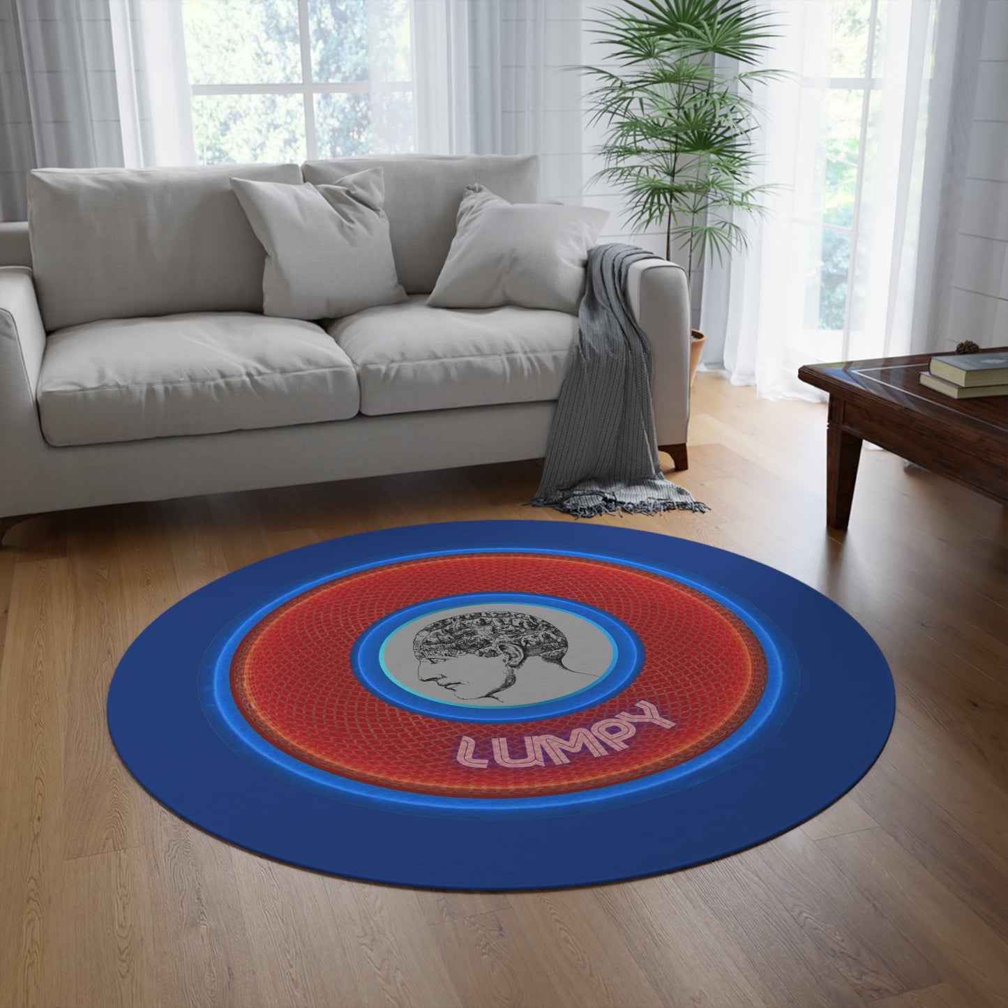 Round Room - 5 ft x 5 ft Lumpy Donut Rug - "The Lumpiest Donut Rug" - rustic blue/red donut w/dark navy background - variant 1
