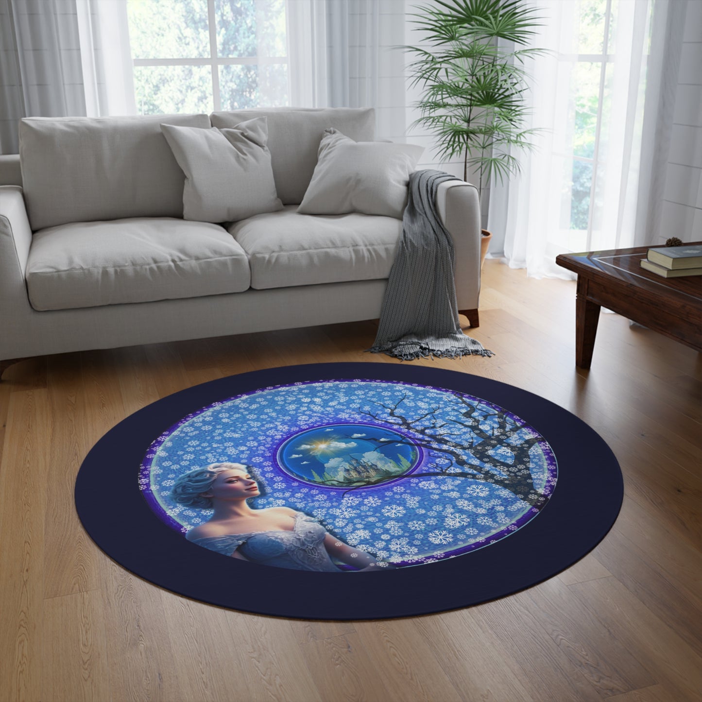 Round Room - 5 ft x 5 ft Lumpy Donut Rug - "Donut Rug Locked in Glaciers" - vivid blue/purple donut w/dark navy background