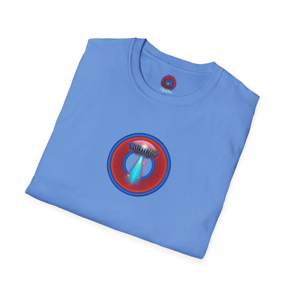 Classic Donut Tee - Unisex Soft-Style - "Donuts now Served on the Mothership" - red/blue donut