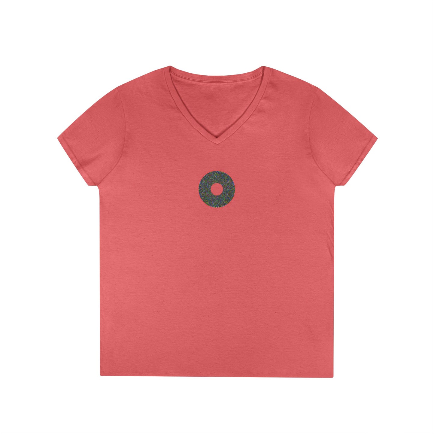 Women's Donut V-Neck Tee - "The Pixilated Donut" - multicolor pixel donut w/wide red outline