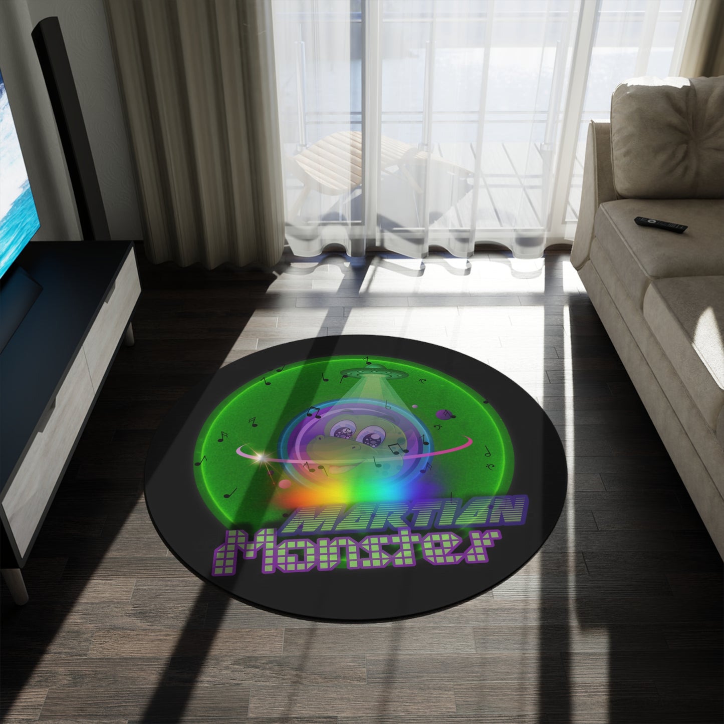 Round Room - 5 ft x 5 ft Lumpy Donut Rug - "My Phavorite Martian" - vivid green donut w/black background