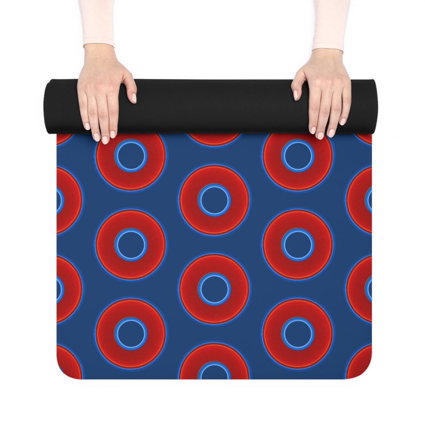 Lumpy Donut Yoga Mat :) - 24″ x 70" - vivid red donut print w/Atlantic navy blue background