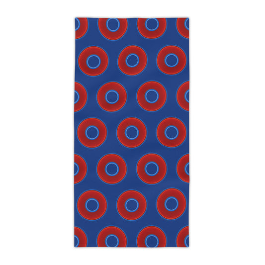Lumpy Donut Towels - vivid red donuts w/dark blue background