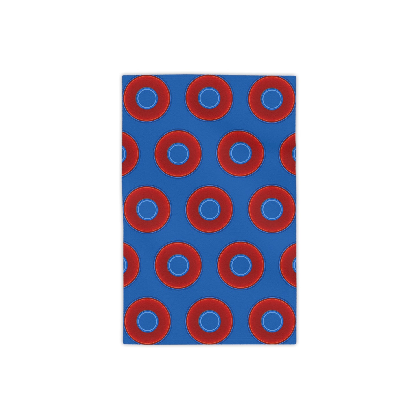 Lumpy Donut Towels - vivid red donuts w/dark royal blue background