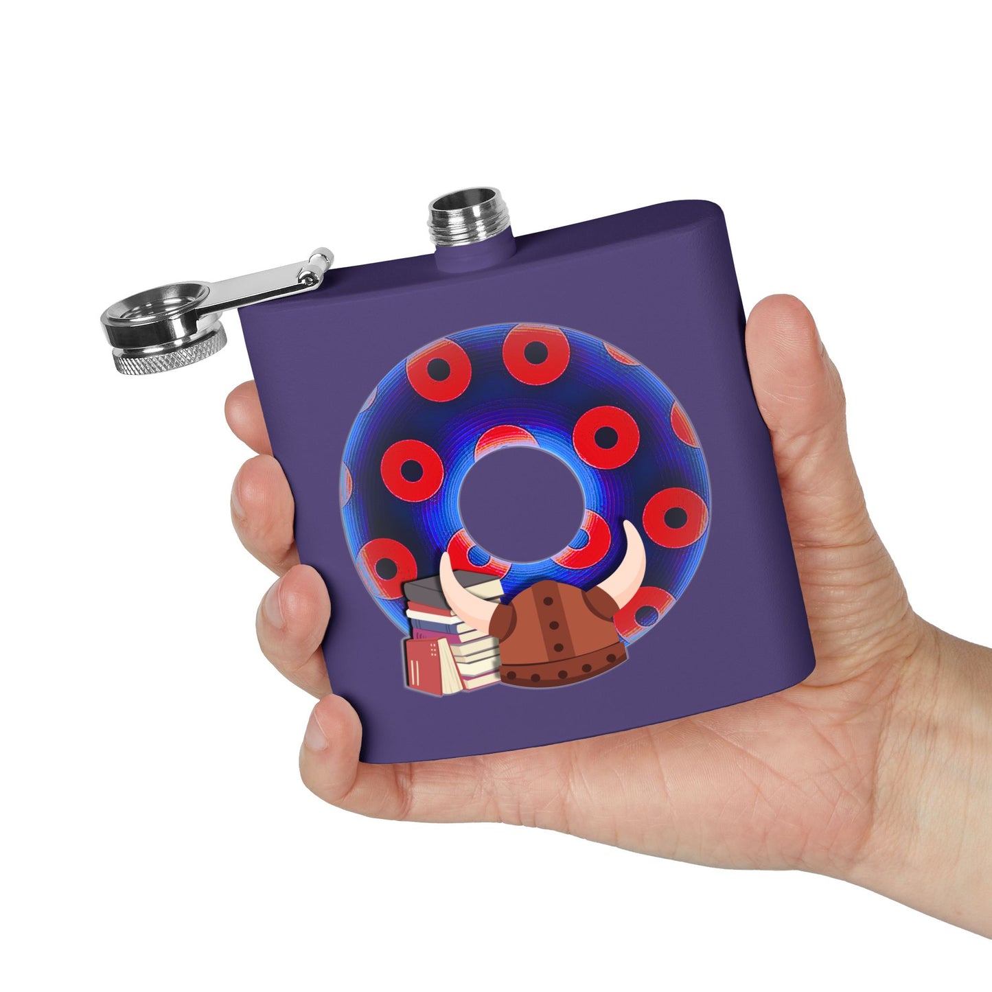 Lump's Donut Flask 6 oz -  "Vlad's Impaling Flask" - blue/red blimpy paradox donut - [*w/your choice of 5 backgrounds]