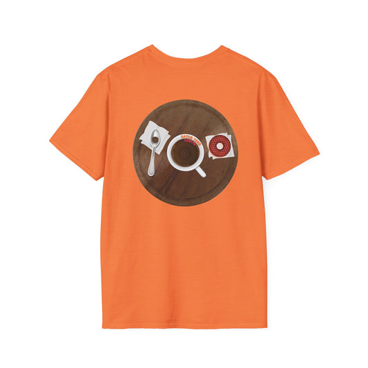 Classic Donut Tee - Unisex Soft-Style - "Coffee With My Donuts" - wooden table donut