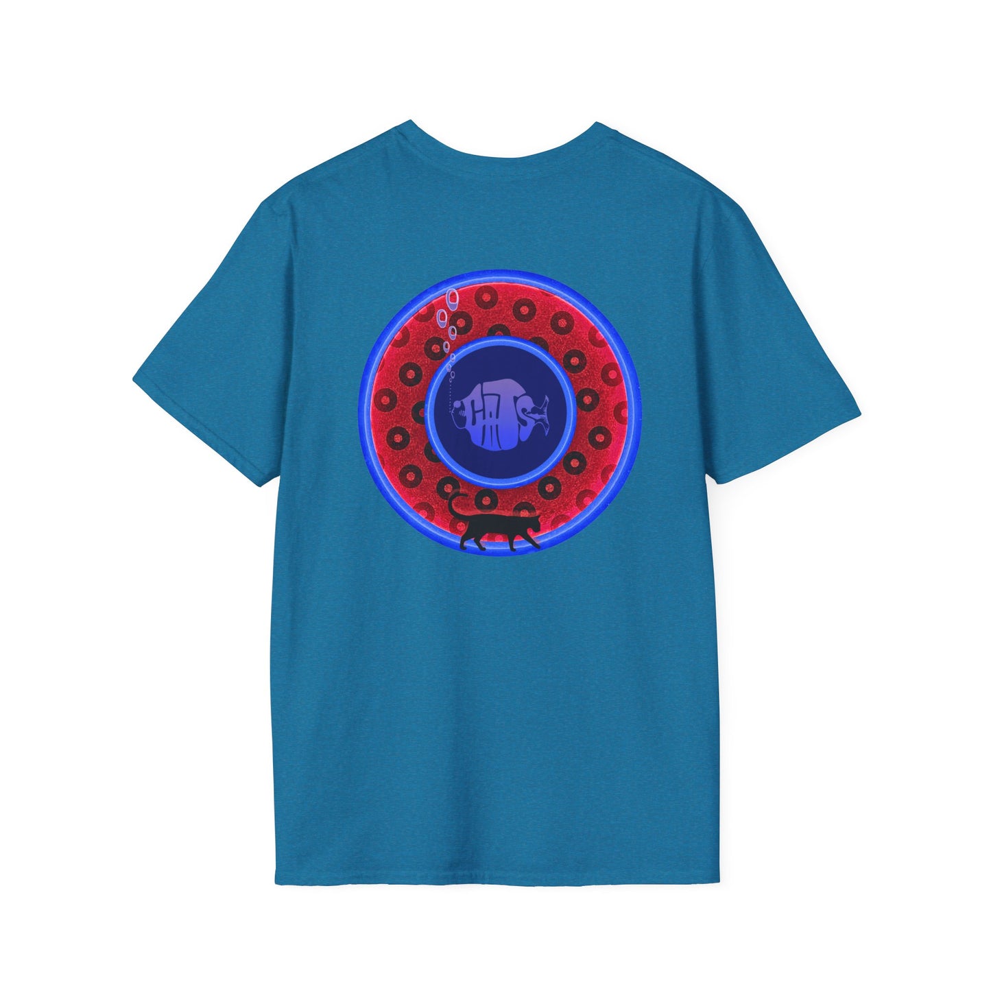 Classic Donut Tee - Unisex Soft-Style - "The Cat's Meow Donut' - red/blue paradox widemouthed donut