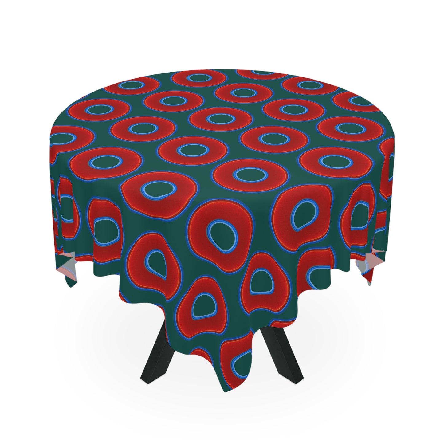 Lumpy Tablecloth - 55.1" x 55.1" - vivid red donuts w/dark Fenway green background
