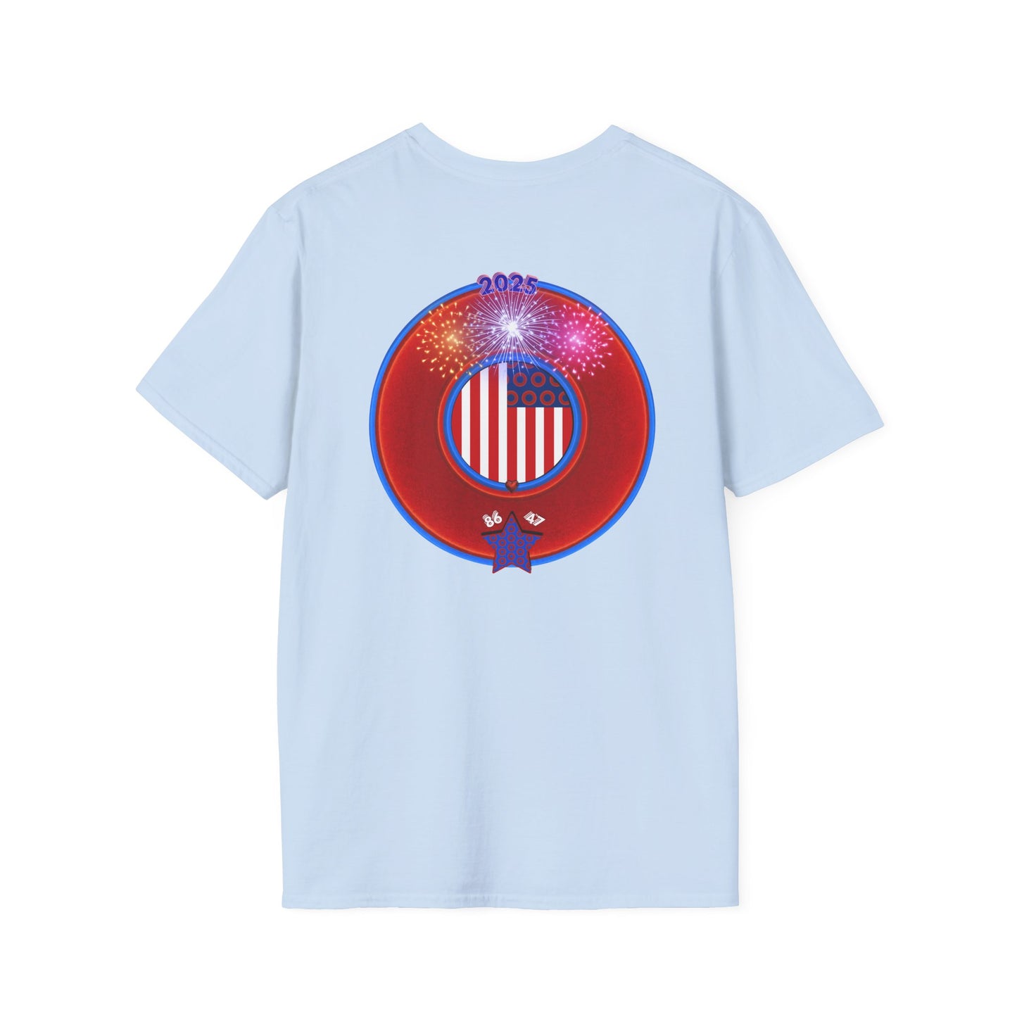 Classic Donut Tee - Unisex Soft-Style - "One Indivisible Donut" - vivid red phreedom donut - w/fireworks - variant 3
