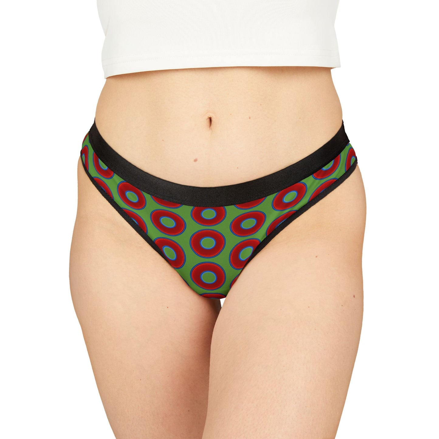 Lumpy Donut Thongs - red vivid donut print w/light green background