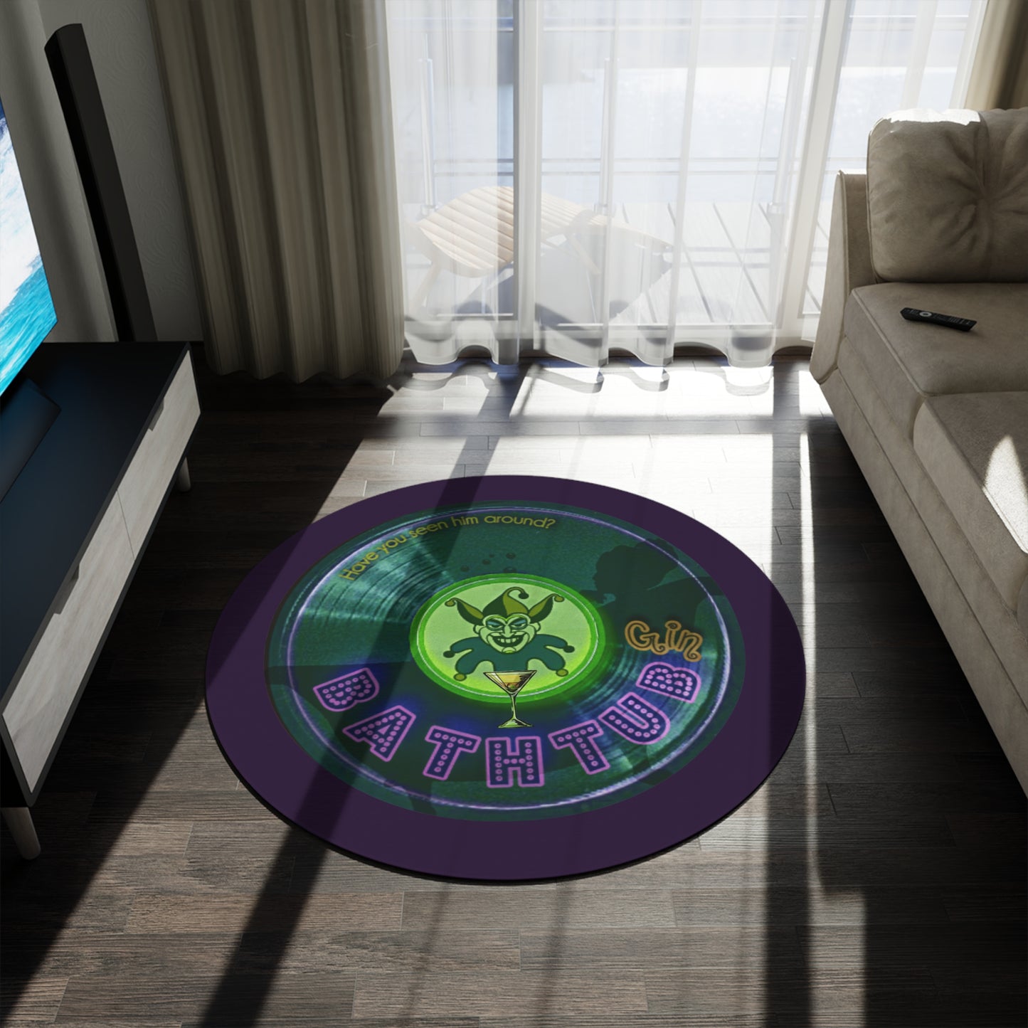 Round Room - 5 ft x 5 ft Lumpy Donut Rug - "Joker's Personal Donut Rug - Ambassador Edition" - vivid dark teal record donut w/midnight purple background - variant 3