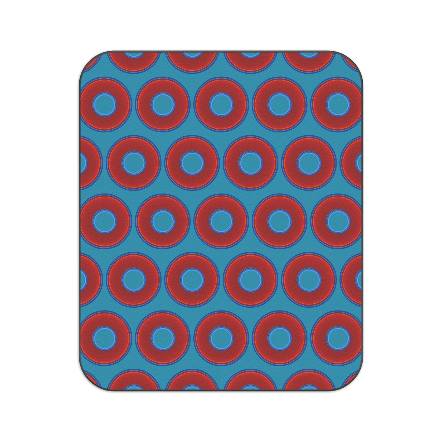 The Lumpy Party Blanket - giant water-resistant outdoor blanket [61" x 51"] - vivid red donuts w/aquamarine blue background