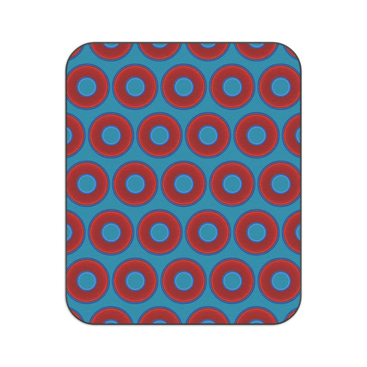 The Lumpy Party Blanket - giant water-resistant outdoor blanket [61" x 51"] - vivid red donuts w/aquamarine blue background