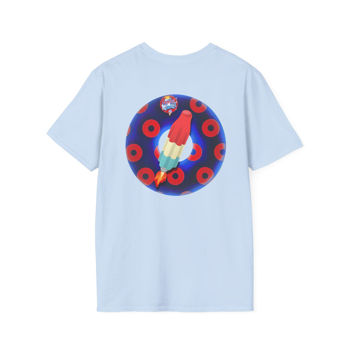 Classic Donut Tee - Unisex Soft-Style - "Blow this Popsicle Stand" - blue/red paradox bomb pop donut - variant 2